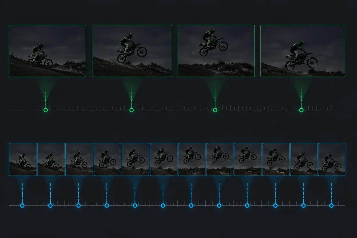 Sparse frame sampling compared with a denser frame sequence from the same moving video