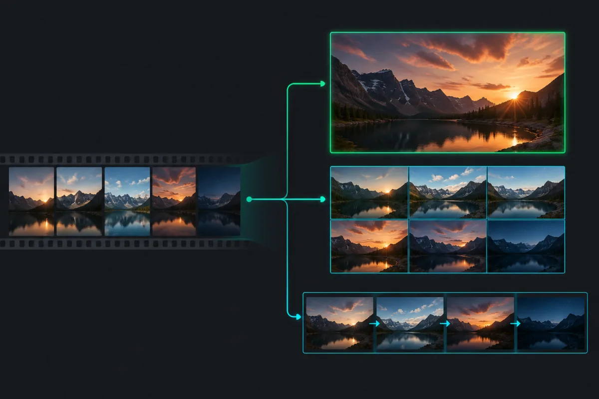 One video sequence converted into a selected thumbnail, a review contact sheet, and a storyboard