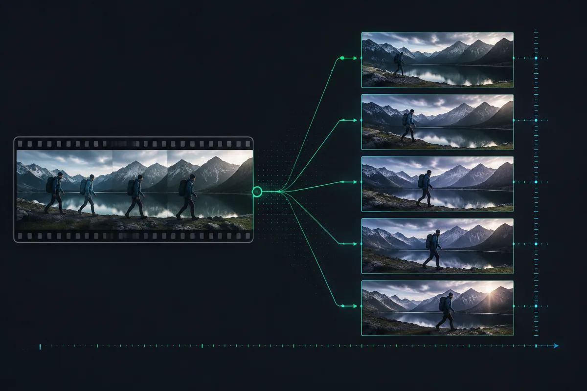 A source video strip being separated into five individual frames along a timeline